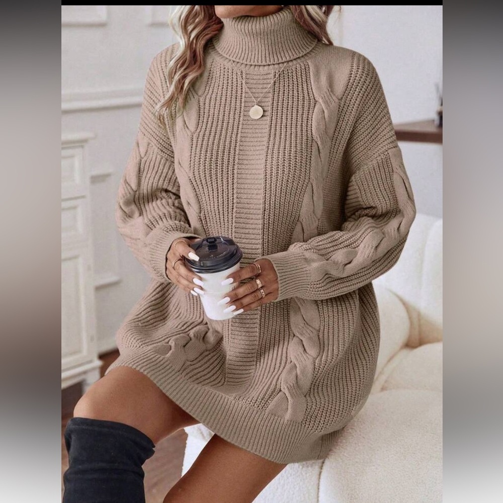 SHEIN Beige Cable Knit Turtleneck Sweater Dress
